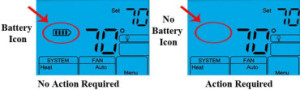 Recalled thermostats do not show a battery icon on the left side of the blue lighted screen.